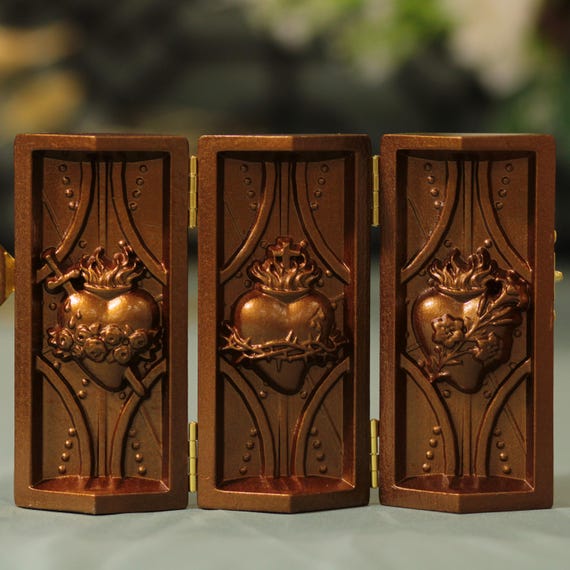 Three Sacred Heart Wooden Triptych Antique Style Sacred Heart of Jesus Mary Joseph Holy Family Religious Gift Home Altar Catholic Gifts