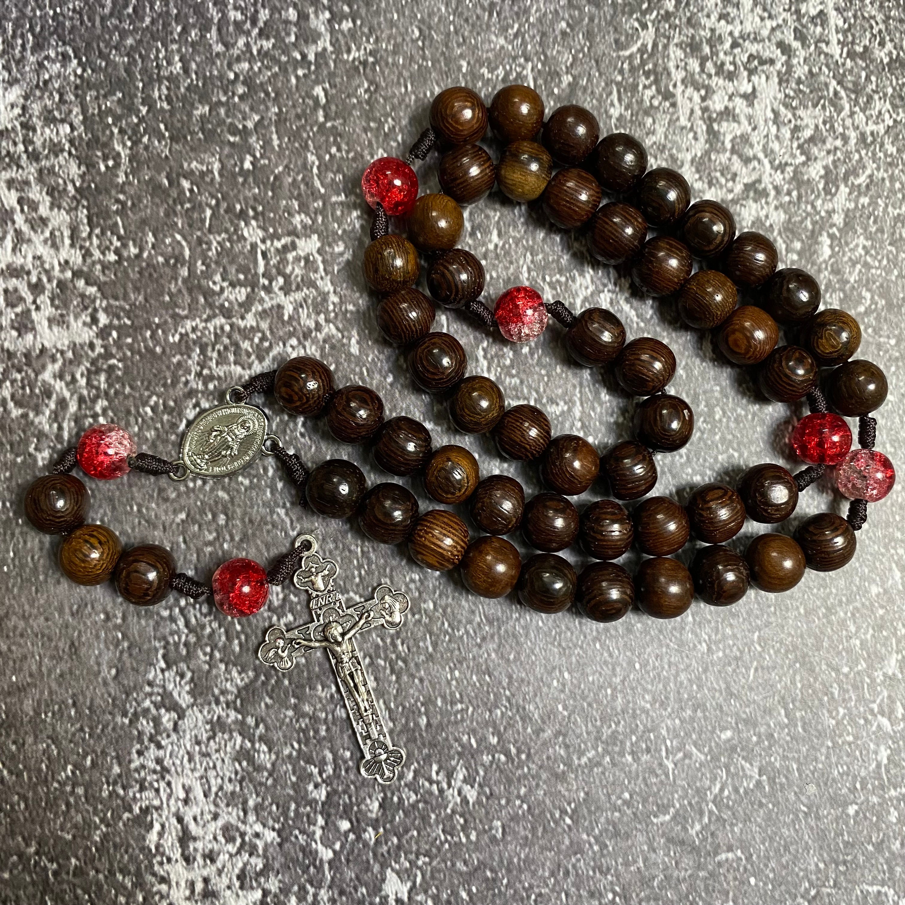 Catholic Rosary with black wooden beads and red gemstone, Wood Bead rosary,  Pardon Crucifix Rosary, Catholic Gifts, Cord Rosary