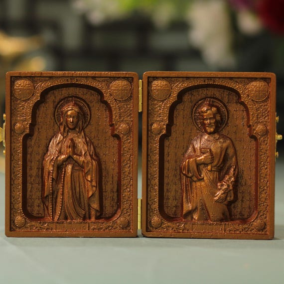 Catholic Diptych of Virgin Mary and St. Joseph Antique Style Christian Gifts for Prayer Gifts for Friends Holly Mother Christian Icons