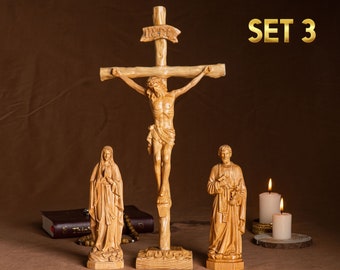 SET 3- Catholic Home Altar for family, Religious Catholic Statue, Wooden Religious Gifts, Native Wood Wall Art, Crucifix Cross, Housewarming