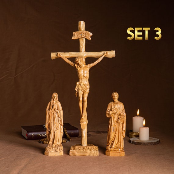 SET 3- Catholic Home Altar for family, Religious Catholic Statue, Wooden Religious Gifts, Native Wood Wall Art, Crucifix Cross, Housewarming