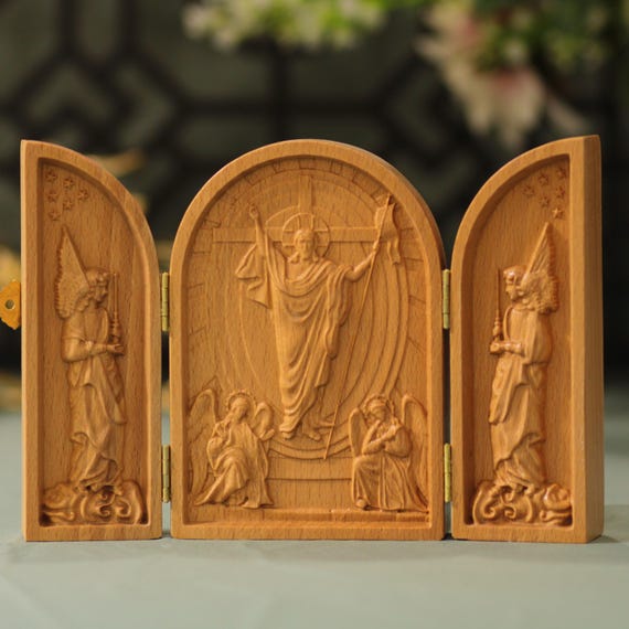 Christian Triptych of the Risen Christ and Angels – Handmade Wood Catholic Art – Christian Easter Gift – Religious Home Decor Resurrection