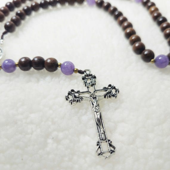 Saint Michael Rosary with Black Cypress Purple Stone Beads, 2 inches Crucifix & Medal | Catholic Gift, Prayer Spiritual Keepsake