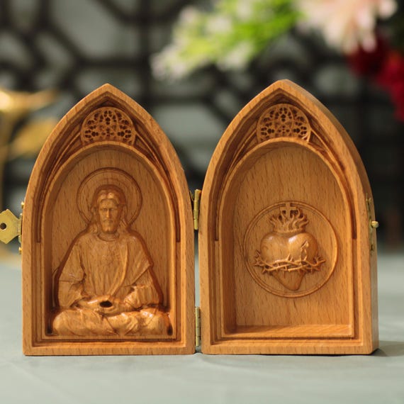 Jesus in Meditation and Sacred Heart Wooden Diptych Catholic Home Decor Christian Gift Prayer Corner Altar Art Religious Wood Plaque