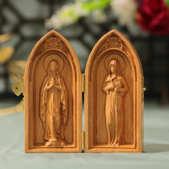 Virgin Mary and Saint Rita Catholic Diptych Wood Panel Religious Gift for Her Christian Decor Catholic Home Altar Prayer Art Handmade