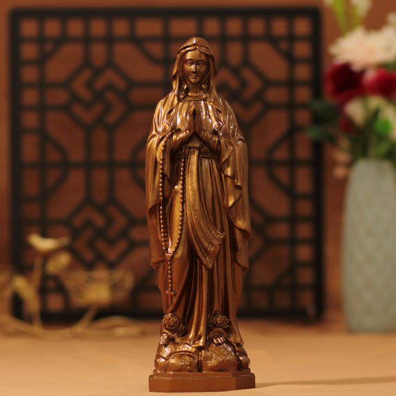 Hand Carved Our Lady of Lourdes Statue: Antique Style Beech Wood Figurine