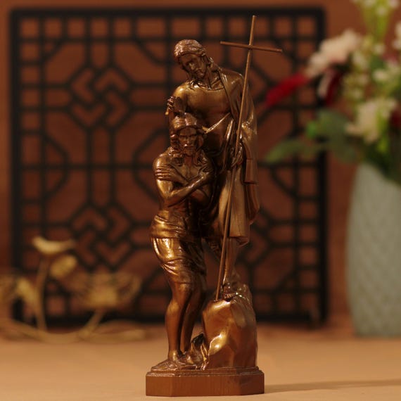 Hand Carved Wooden Statue: St John Baptizing Jesus - Antique Style Altar Decor