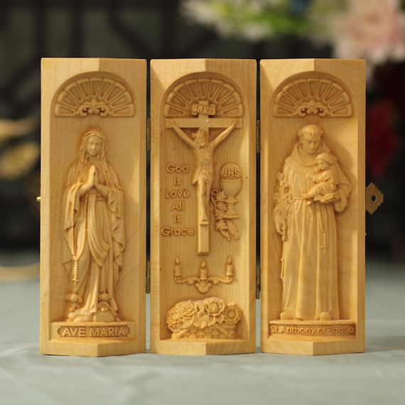 Catholic Triptych Jesus Mary St Anthony Wooden Altar Decor Christian Gift Sacred Art Home Prayer Space Religious Statue Folding Wood Panel
