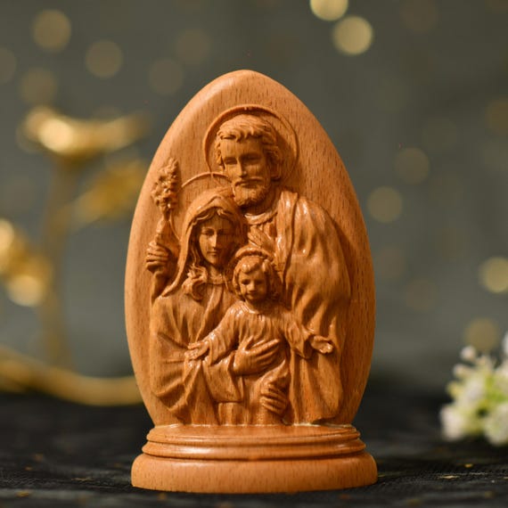 Blessing of Jesus & Holy Family Two-Sided Desktop Figurine Wood Carvings Religious Art Religious Icons Religious Home Decor Wooden Statues