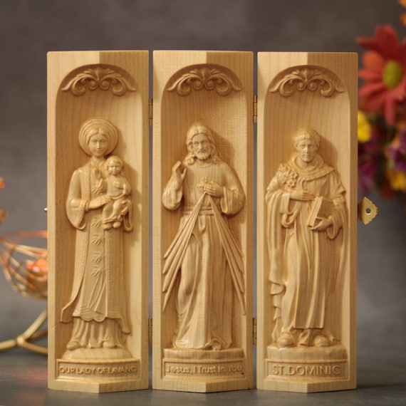 Handmade Prayer Altar of Jesus Christ/ Our Lady Of La Vang / St. Dominic Catholic Triptych Religious Gifts Wooden Home Altar Jesus Christ