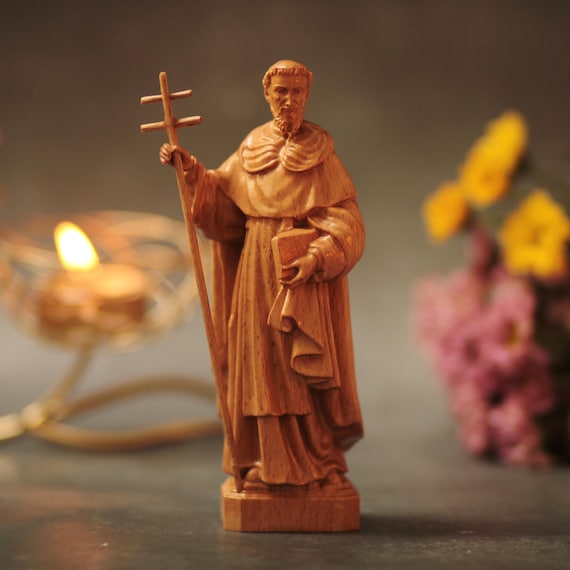 Saint Dominic Wooden Statue Catholic Hand Carved Saint Figure Religious Gift Christian Home Decor Dominican Priest Rosary Sculpture Art