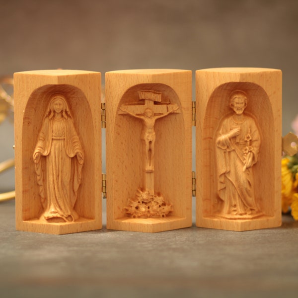 All Style Wooden Prayer Altar Catholic Triptych Portable Altar Catholic Statue Home Decor Mini Catholic Altar Triptych Prayer Supplies