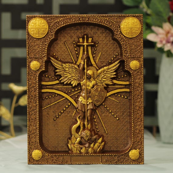 St. Michael Archangel Icon Vintage Style Carved wooden Religious Home Decor Christian Gift Christian Catholic Protection Prayer