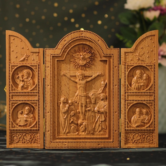 The Crucifixion and Four Evangelists Triptych Catholic Wall Art St Matthew Mark Luke John Christian Gift Home Altar Religious Wood Decor