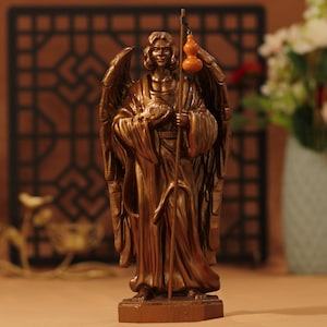 Archangel Raphael Wooden Statue Antique Style Hand Carved Catholic Saint Sculpture Religious Home Decor Gift for Prayer Space Christmas Gift