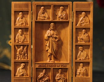 Tríptico del Sagrado Corazón de Jesús con los 12 Apóstoles – Arte mural católico, regalo religioso cristiano, decoración de madera para el hogar