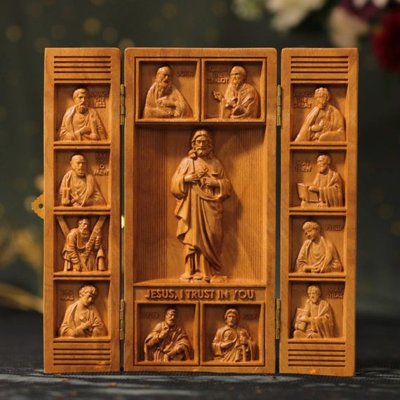 Sacred Heart of Jesus Triptych with 12 Apostles – Catholic Wall Art, Christian Religious Gift, Wooden Home Decor