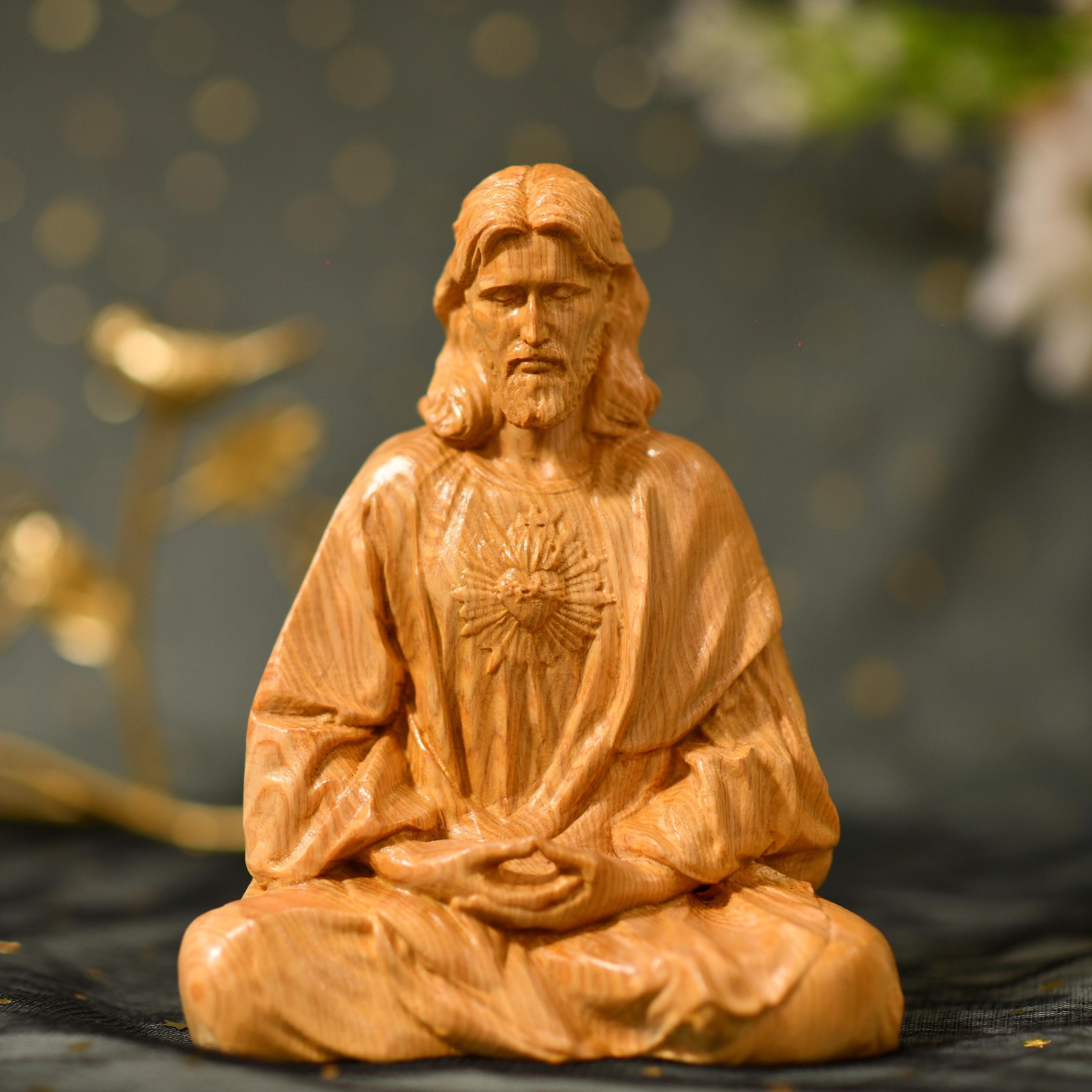 Sacred Heart of Jesus Christ Statue in contemplation Statue Holy Figurine Religious Catholic Statue Jesus Wood Carvings Religious Gifts