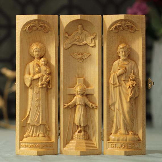 Holy Trinity Catholic Triptych with Our Lady of Lavang, St Joseph Catholic Home Altar Wooden Religious Gifts Catholic Decor Catholic Gifts
