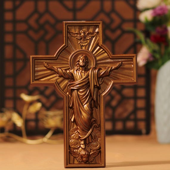 Handmade Wooden Jesus Crucifix Wall Cross - Antique Style Catholic Decor