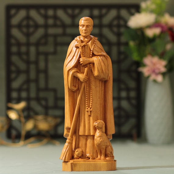 St. Martin de Porres Wooden Statue | Catholic Saint with Dog Cat Mouse Hand Carved Holy Gift Christian Home Decor Art Catholic Saint Statue