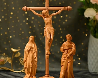 木彫りの十字架像：カトリックの家庭用祭壇、宗教的な贈り物（27インチ