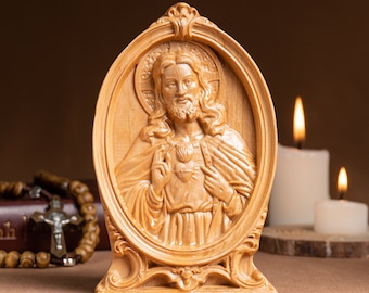 Heilig hart van Jezus houtsnijwerk, religieus katholiek standbeeld, houten religieuze geschenken, housewarmingcadeau, handgemaakt interieur