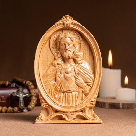 Sacred Heart of Jesus Wood Carving, Religious Catholic Statue, Wooden Religious Gifts, Housewarming Gift, Handmade Home Decor
