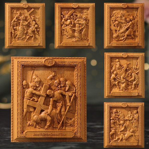 A Set of 14 Wooden Stations of the Cross Solid Wood Carving Room Decor Religious Gift Catholic Art Catholic Gifts Modern Christian Art