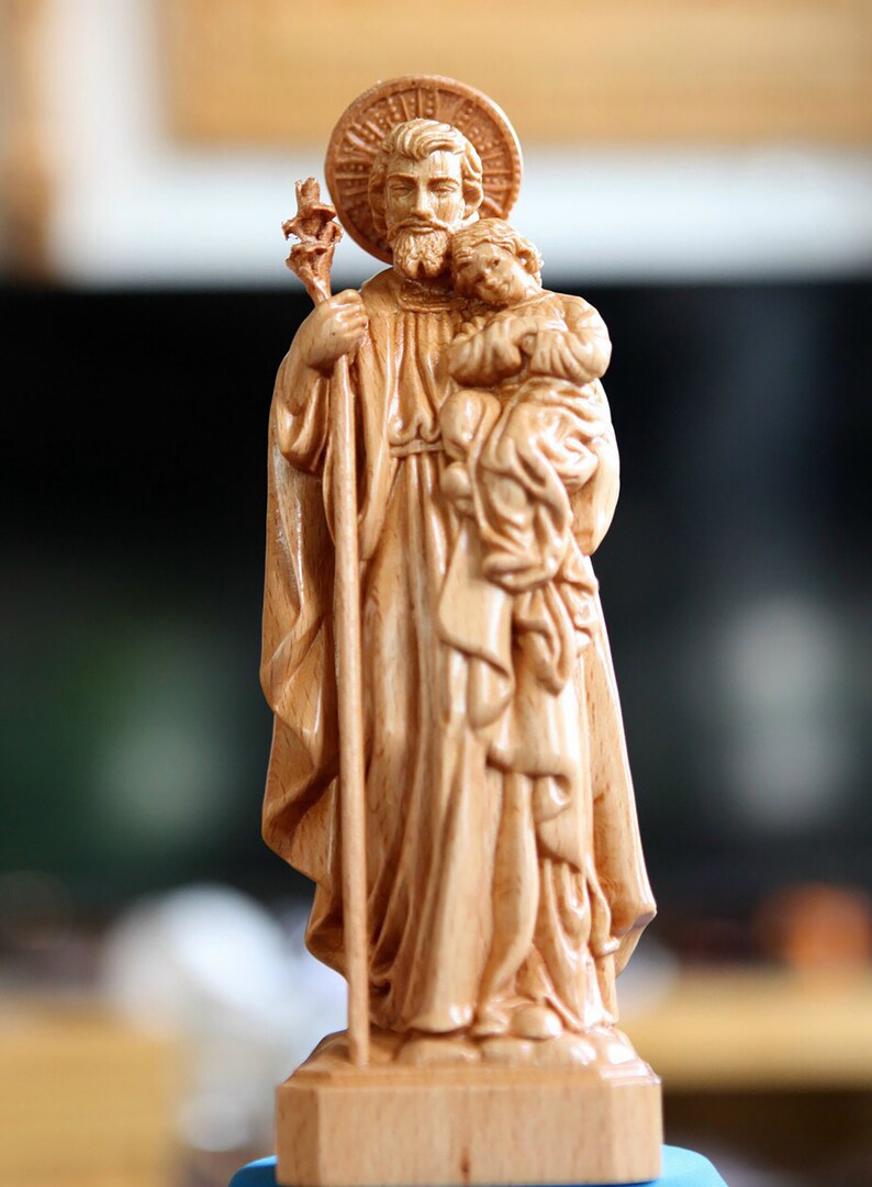 Read the full title St. Joseph Holding Baby Jesus Sculpture, Religious Catholic Statue, Wooden Religious Gifts,Housewarming Gift,New Home Gift,Home Decor