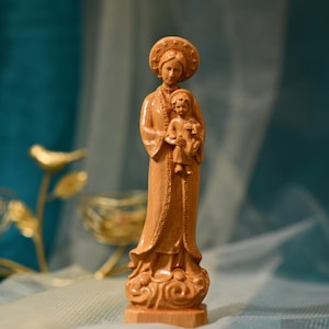 11.8 Inches Our Lady of La Vang Statue with Baby Jesus Catholic Wooden Virgin Mary Figure Vietnamese Religious Art Christian Gift for Faith