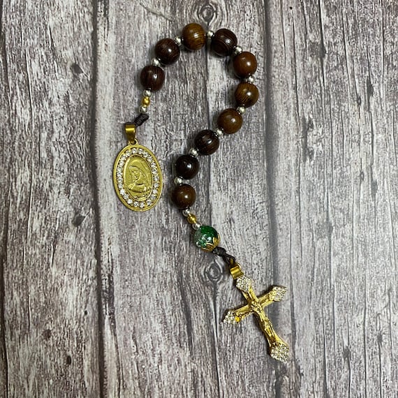Black and gold-tone Catholic Pocket Rosary with green gemstone beads, Rosary for Her, Catholic Gifts, First Communion Gift, Catholic Rosary