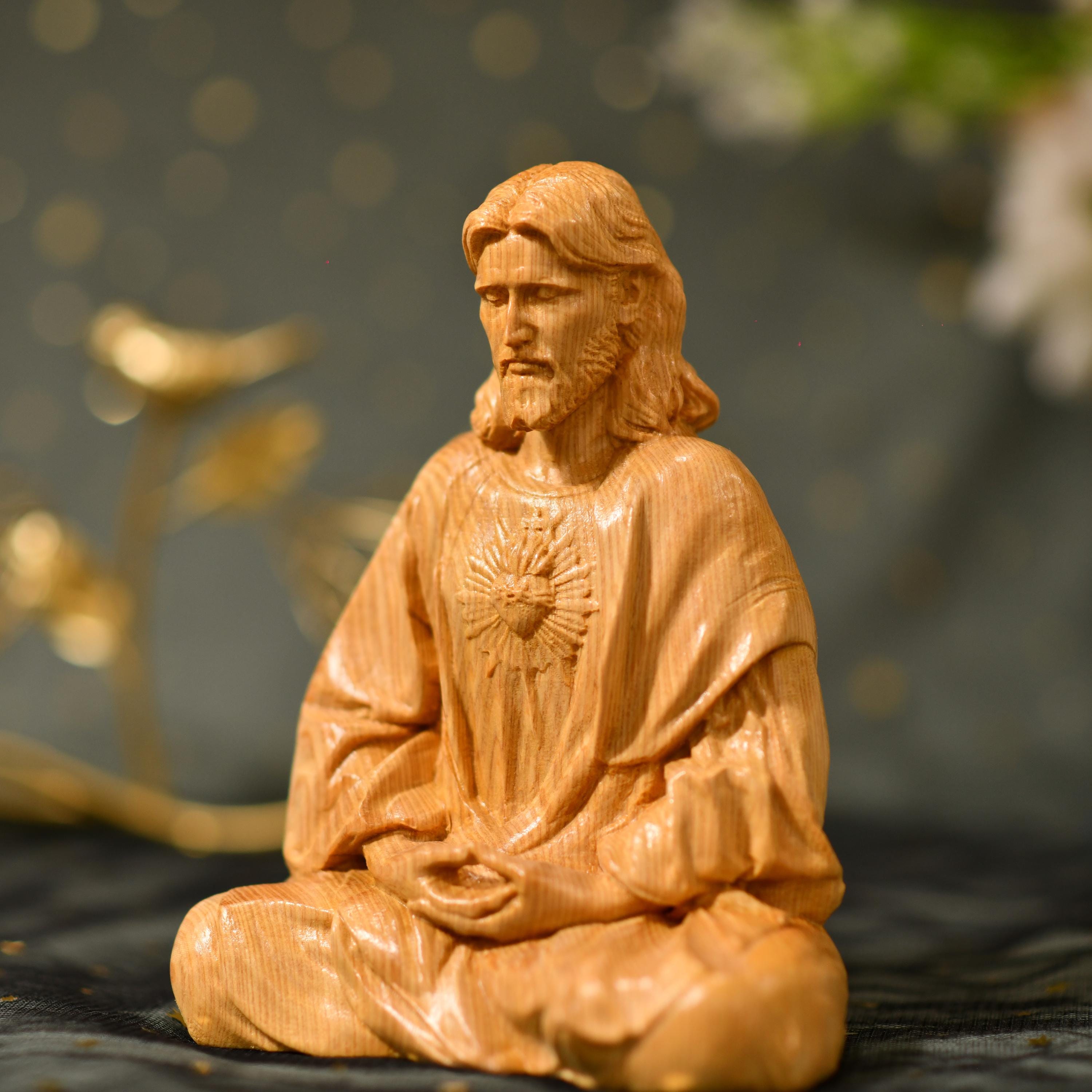 Sacred Heart of Jesus Christ Statue in contemplation Statue Holy Figurine Religious Catholic Statue Jesus Wood Carvings Religious Gifts