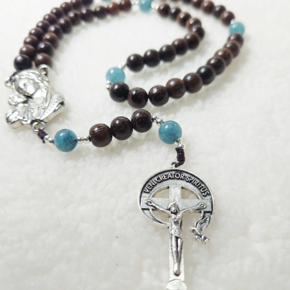 Catholic Rosary with 8mm Black Green Cypress Wood Beads, Emerald Stone Our Father, 1.6" Crucifix & 1.5" Mary Medal