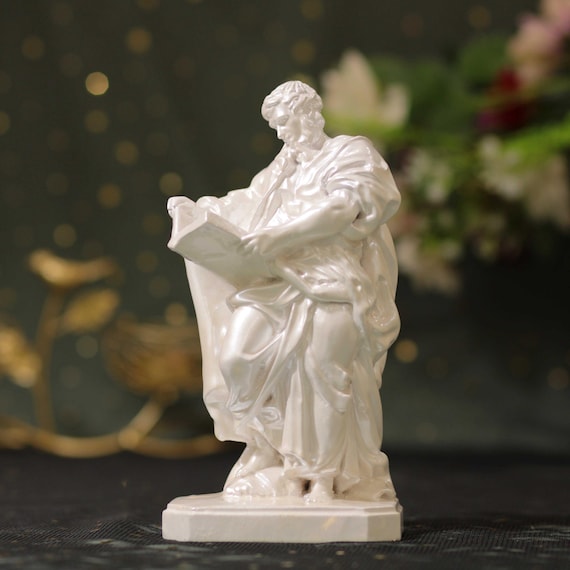 St Matthew the Apostle Wooden Statue – Pearl White Style | Catholic Decor | Christian Gift | Apostle Matthew Figurine | Handmade Wood Art