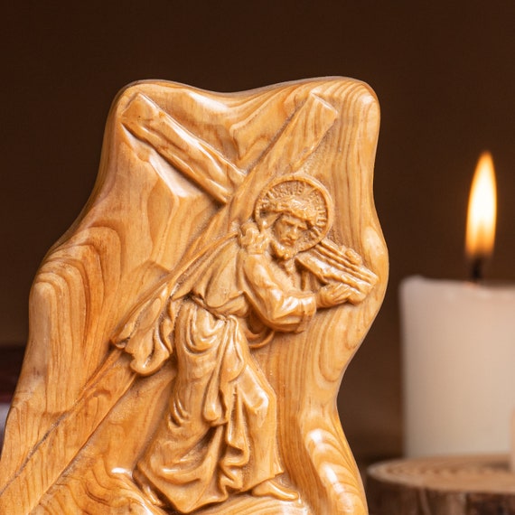 Christ Carrying The Cross Wood Religious Statue, Antique Bas Relief,Wooden Religious Gifts,Housewarming,Father's Day Gifts,Home Decor