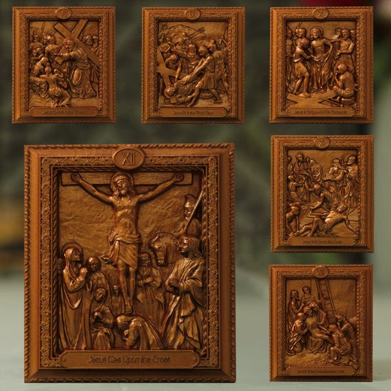 Stations of the Cross Set of 14 Wooden Catholic Wall Art Antique Style Triptych Lent Decor Religious Gift Christian Home Prayer Room Art