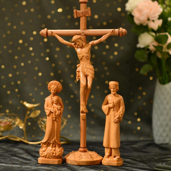 Catholic Home Altar Jesus Our Lady of Lavang St. Joseph Catholic Icon Statue Holy Family Nativity Wooden Jesus Crucifix Catholic Altar Table