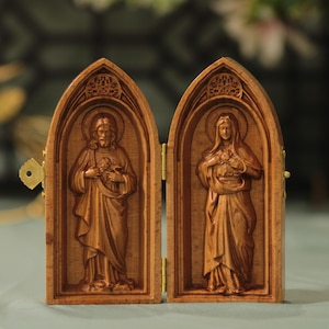 Heiligstes Herz Jesu und Unbeflecktes Herz Mariens Katholische Diptychon Holzkunst Religiöses Geschenk für Hausaltar Gebetsraum Christliche Dekoration