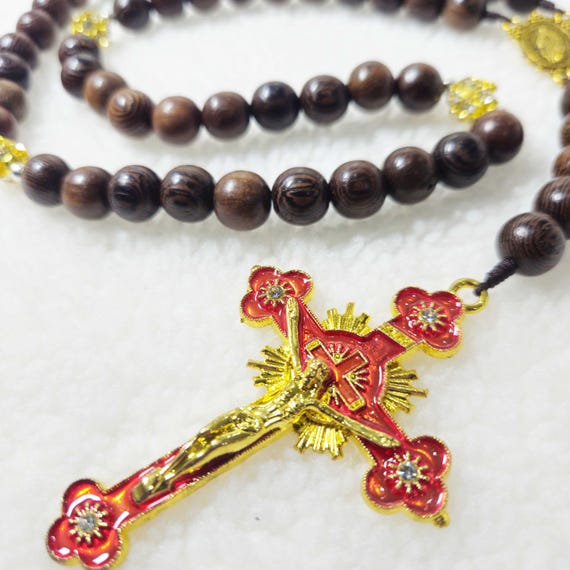 Black Cypress Wood Rosary with Sparkling Yellow Stone Beads, 3" Crucifix & Miraculous Medal, Catholic Prayer Gift