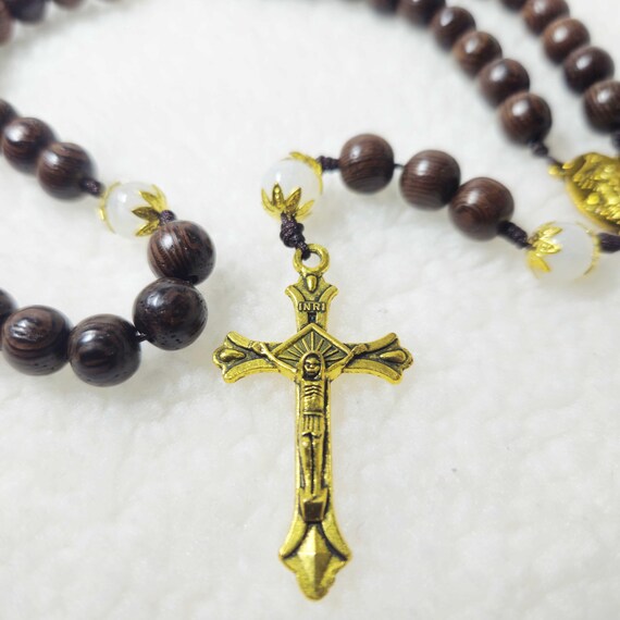 Catholic Rosary with black wood beads and ivory-white gemstone accents, Wood Bead rosary, Pardon Crucifix Rosary, Catholic Gifts
