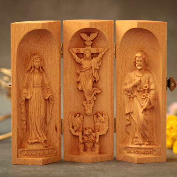 Resurrected Jesus Christ Triptych with St. Joseph and Virgin Mary | Catholic Wooden Art | Christian Home Decor Gift