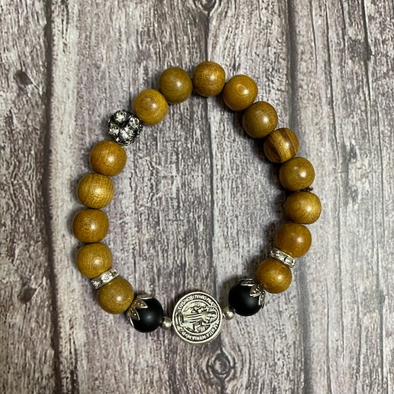 Wooden Catholic Bracelet with attached black gemstone beads,Christian Bracelet, Praying Bracelet, Wood Bracelet, Holy Bracelet