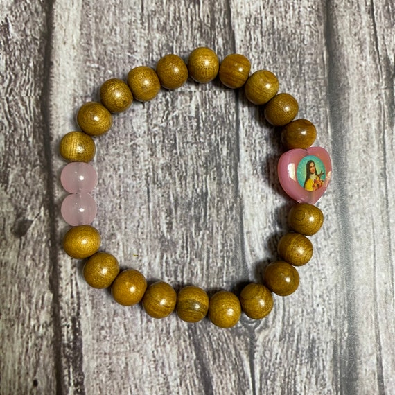 Natural wood and pink gemstone Catholic Bracelet, Christian Bracelet, Catholic Gift, Wood Bracelet, Nativity Bracelet, Gift for Her
