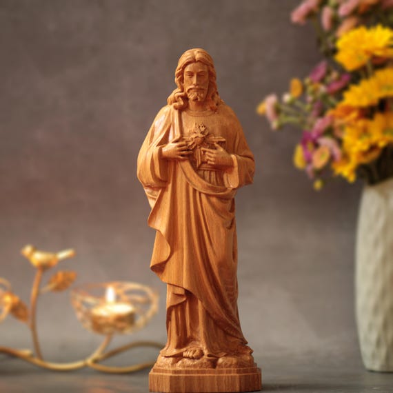 11.8 Inches Sacred Heart of Jesus Christ Wooden Statue Catholic Home Decor Hand Carved Christian Gift Religious Sculpture Catholic Wood Art