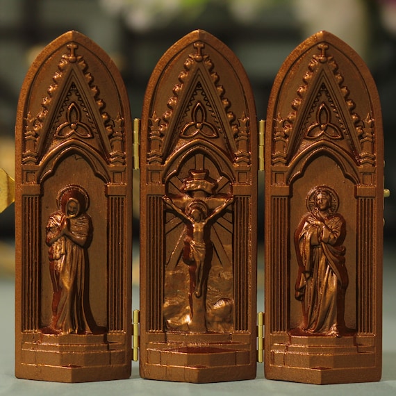 Catholic Triptych Jesus Christ on the cross- St. John- Virgin Mary Antique Style Religious Gifts Wooden Catholic Home Altar Jesus Christ