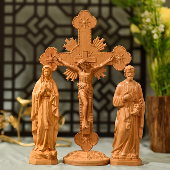 Home Altar Catholic Jesus Mary St. Joseph Wall Art Wooden Crucifix Prayer Altar Hanging Ornament Religious Gift Home Decor Christmas Gift