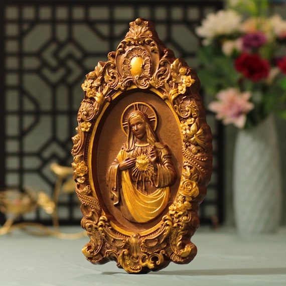Immaculate Heart of Mary Wall Art Vintage Style Wooden gift Catholic Mother of God Icons Religious Gifts Christmas Gift New Home Gifts