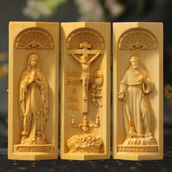 Wooden Catholic Triptych of the Crucifixion with Our Lady of Lourdes and Saint Francis of Assisi Home Decor Religious Gift