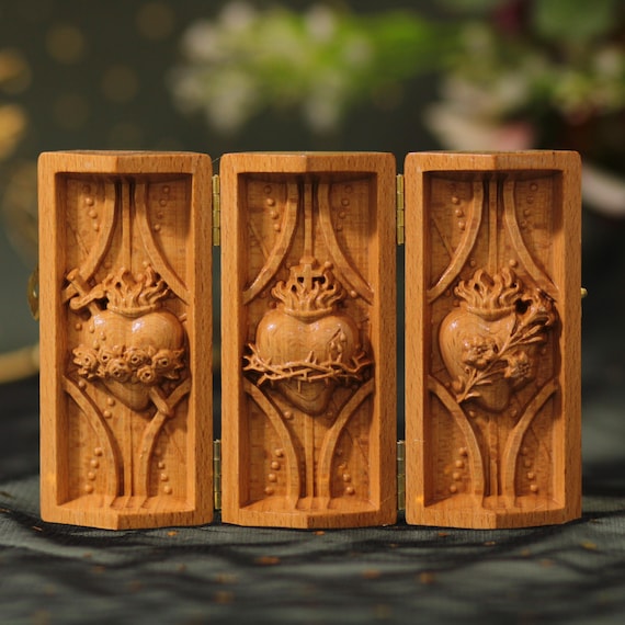 Three Sacred Heart Wooden Triptych Sacred Heart of Jesus Mary Joseph Catholic Art Holy Family Religious Gift Home Altar Prayer Room Art